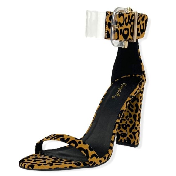 Qupid Women's Animal Print Ankle Strap Block Heels Sandals Brown/Black Size 8 - Picture 3 of 8
